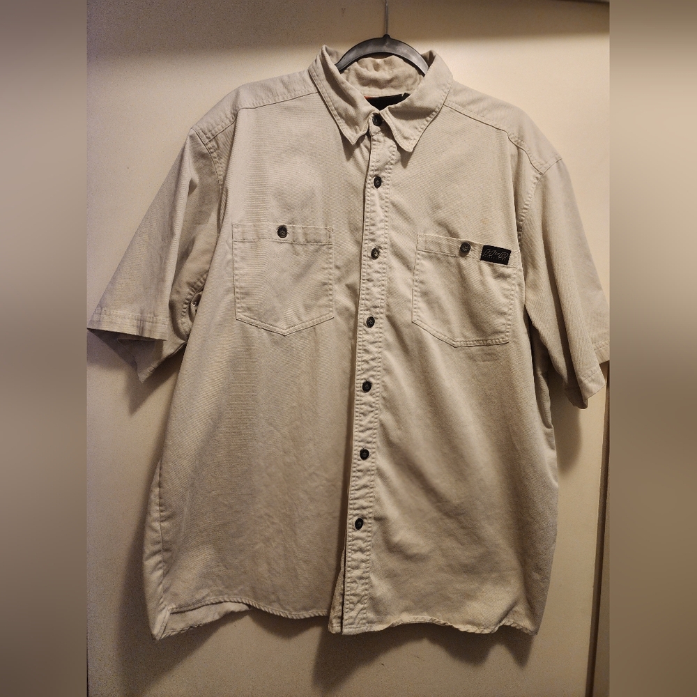 Men's Short-Sleeve Button-Up Mesh Lined Shirt in Beige